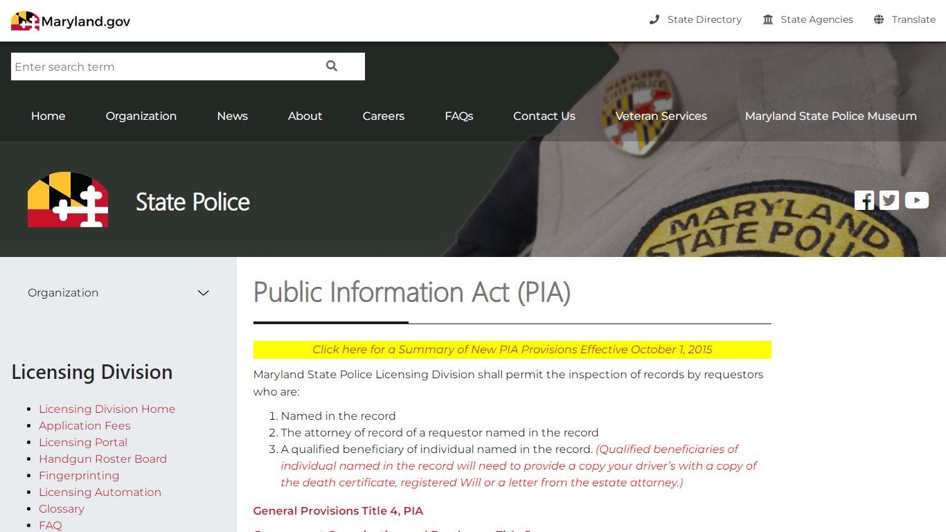 Public Information Act (PIA) - Maryland State Police
